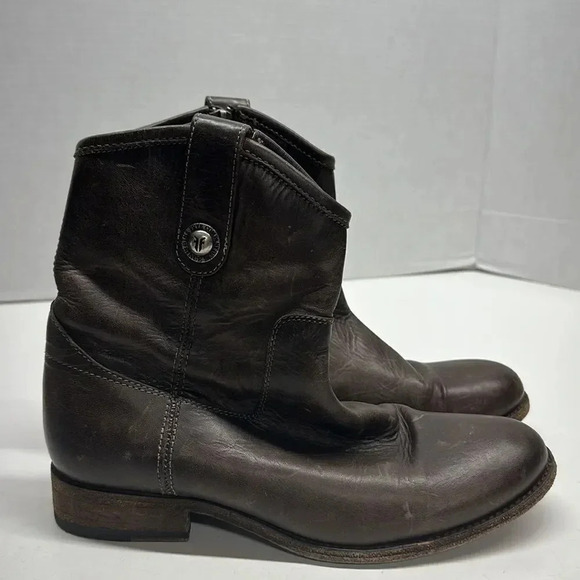 Frye Melissa Button Ankle Boots Leather Distressed Side Zip Up Slate Brown 6.5 B - Picture 3 of 12